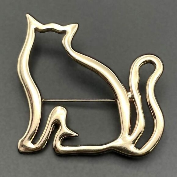 Yellow Gold Cutout Silhouette Kitty Cat Kitten Pin Back Brooch - Picture 1 of 7